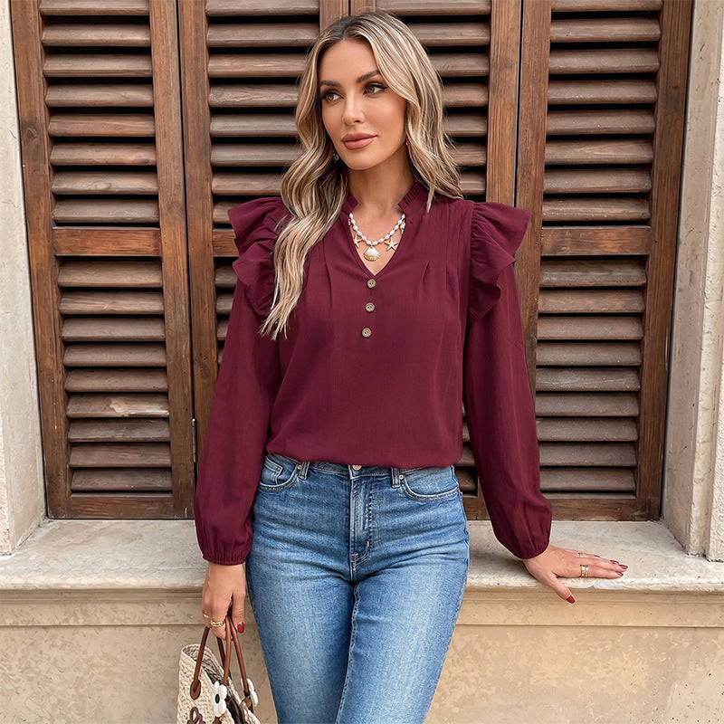 Damen Verspielte Bluse mit Rüschensleeves und Knopfdetails Echo Archiv