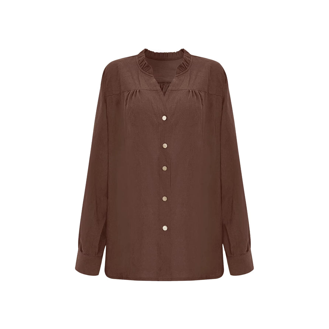 Damen Bluse mit V‑Ausschnitt, geraffter Schulterpasse und Ballonärmeln – Élovi