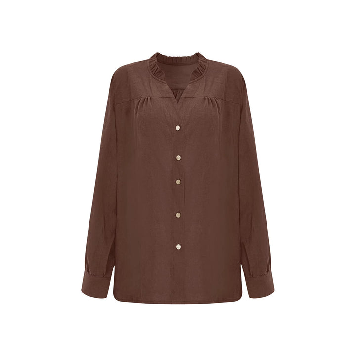 Damen Bluse mit V‑Ausschnitt, geraffter Schulterpasse und Ballonärmeln – Élovi