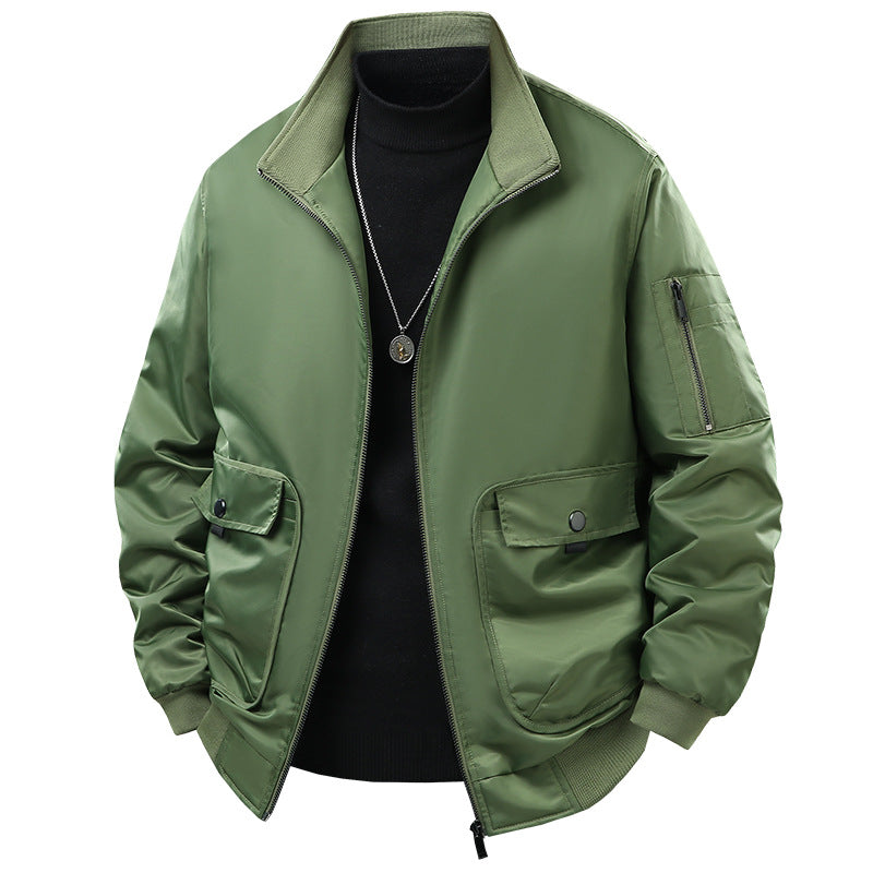 Men's short-collar technical bomber jacket with zipped sleeve utility pocket and snap cargo flap pockets – Brevano