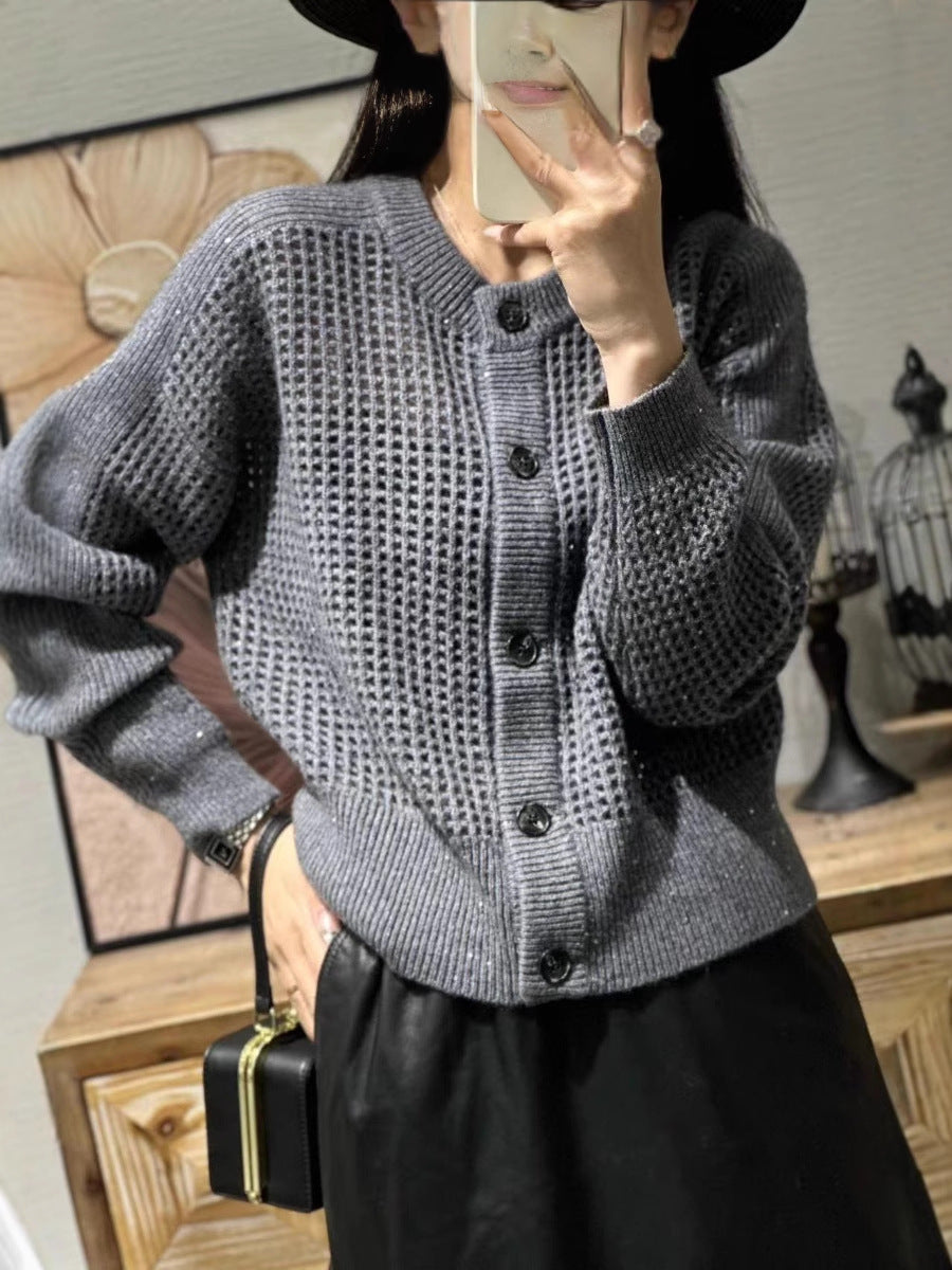 Damen Lockerer Mesh‑Cardigan mit Gitter‑Ajour, Rundhalsausschnitt und Knopfleiste Echoarchiv