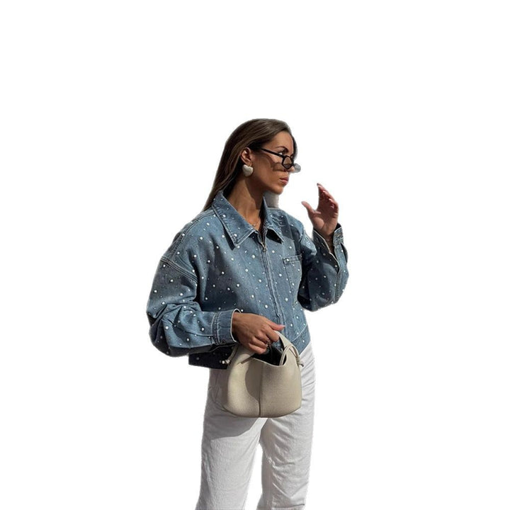 Damen Gekürzte Denim-Jacke mit Perlenbesatz und Oversize-Ärmeln Echoarchiv