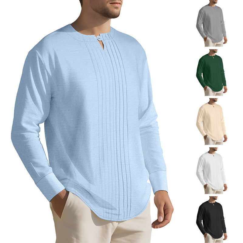 Herren Leichtes Langarmshirt im Leinenlook mit Stehkragen, Kellerfalten und Schlaufenverschluss Echoarchiv