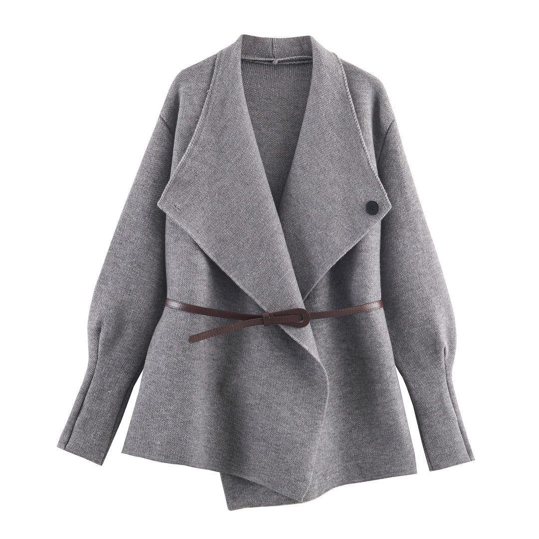 Damen Kurzgeschnittener Wollmix-Cardigan-Mantel mit weitem Schalkragen und schmalem Bindegürtel Echoarchiv