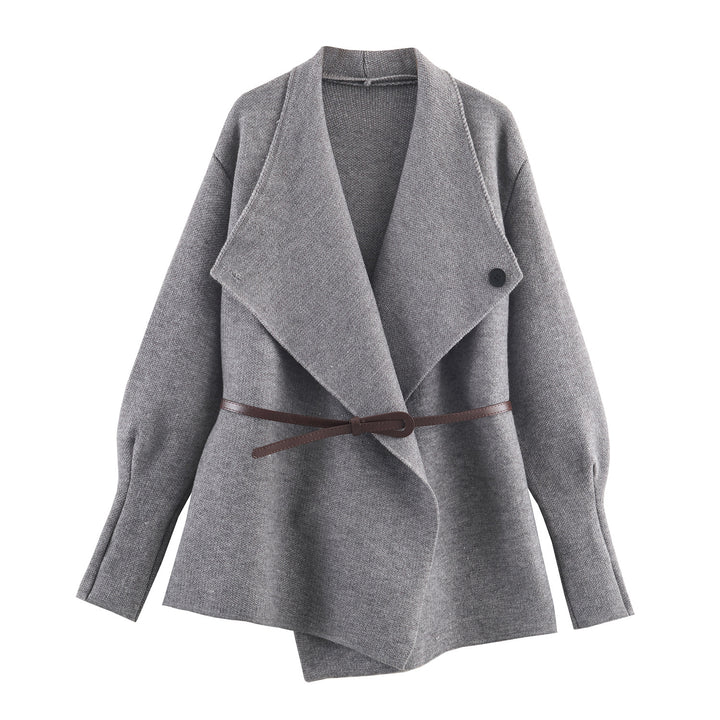 Damen Kurzgeschnittener Wollmix-Cardigan-Mantel mit weitem Schalkragen und schmalem Bindegürtel Echoarchiv