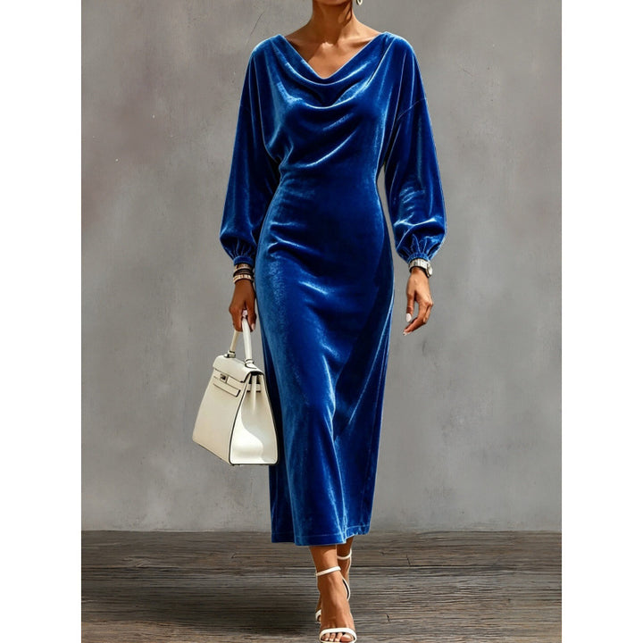 Damen Midikleid aus Samt mit drapiertem Wasserfallkragen und Ballonärmeln Echoarchiv