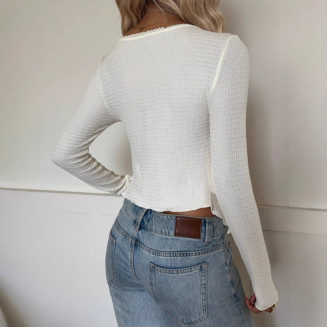 Damen Gerieftes Langarm-Cropped-Top mit Herzausschnitt und Stufenvolant – Avérine