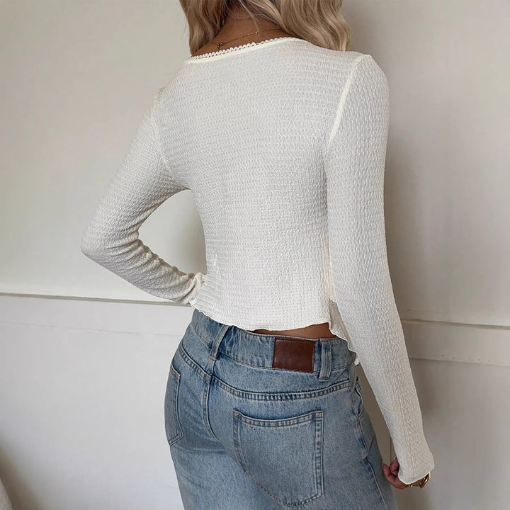 Damen Gerieftes Langarm-Cropped-Top mit Herzausschnitt und Stufenvolant – Avérine