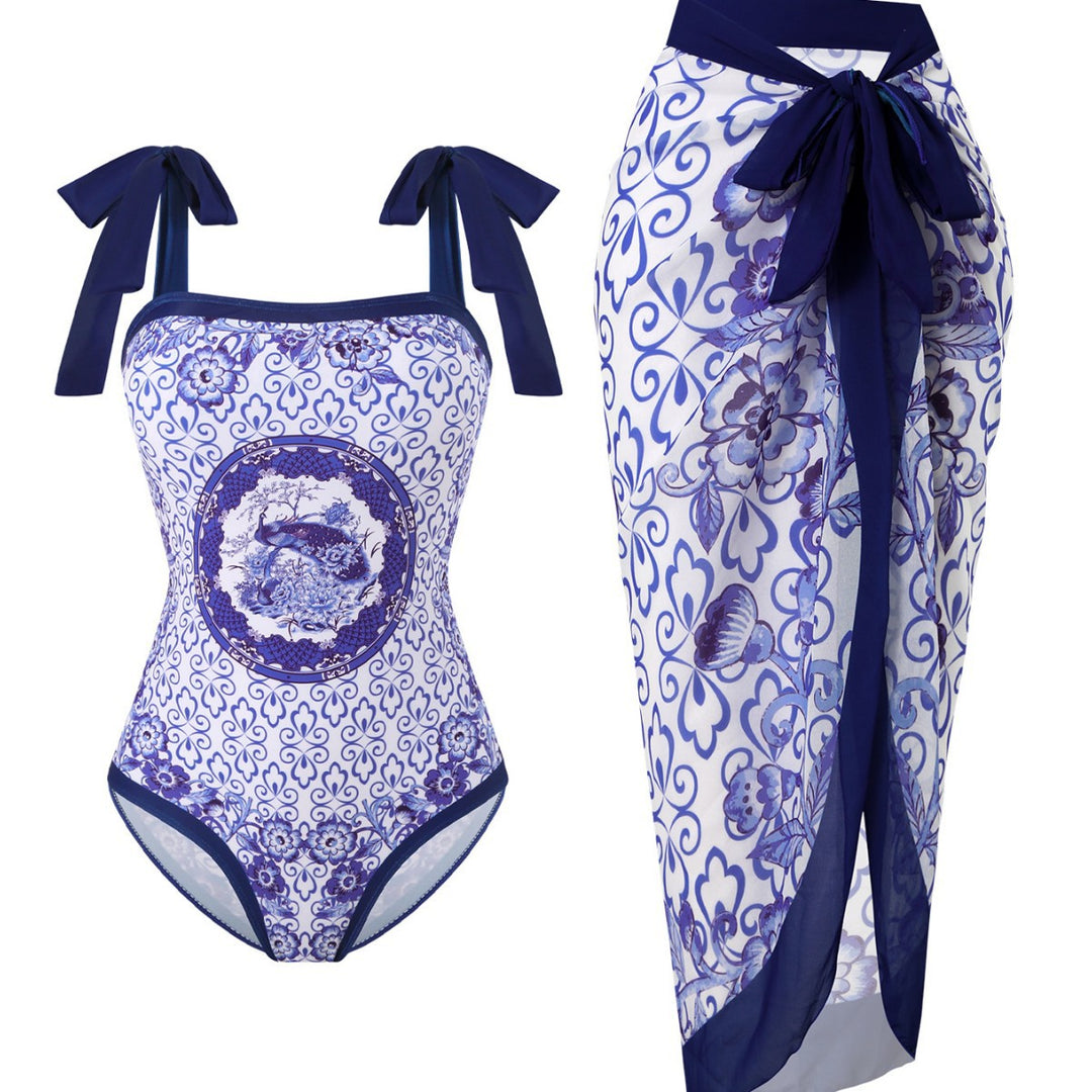 Damen Badeanzug mit floralem Design und transparentem Wickelrock Echo Archiv