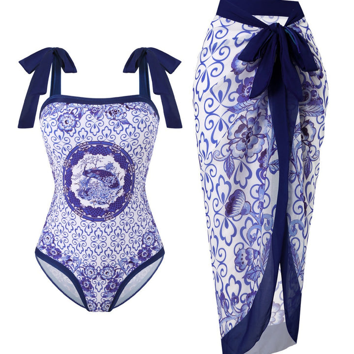 Damen Badeanzug mit floralem Design und transparentem Wickelrock Echo Archiv