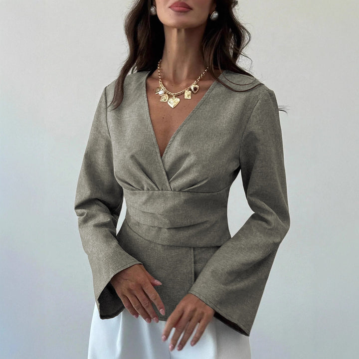 Damen Wickelbluse mit taillierter Drapierung und ausgestellten Ärmeln – Avérine