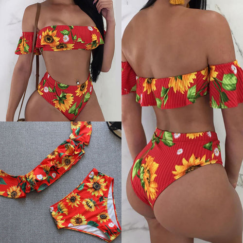 Damen Bikini-Set mit floralem Rüschendesign und hohem Taillenslip Echo Archiv