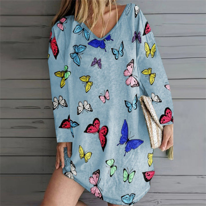 Damen Oversize Tunika-Kleid mit V-Ausschnitt und Schmetterlingsprint – Lunéa