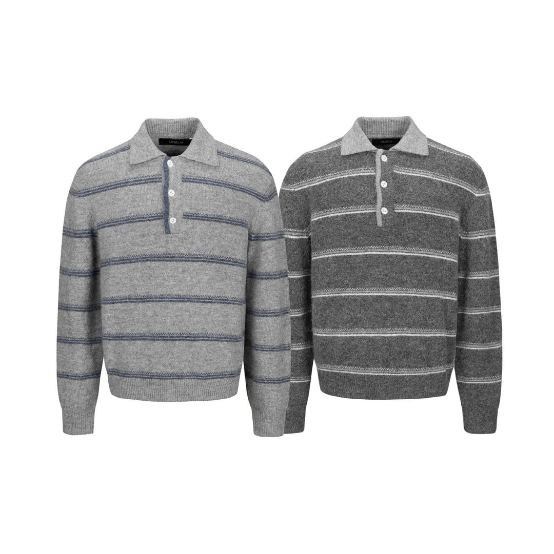 Herren Grobgestrickter Polokragenpullover mit Halbdruckknopfblende und Streifenstruktur Echoarchiv