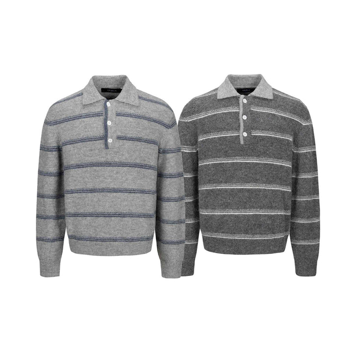 Herren Grobgestrickter Polokragenpullover mit Halbdruckknopfblende und Streifenstruktur Echoarchiv