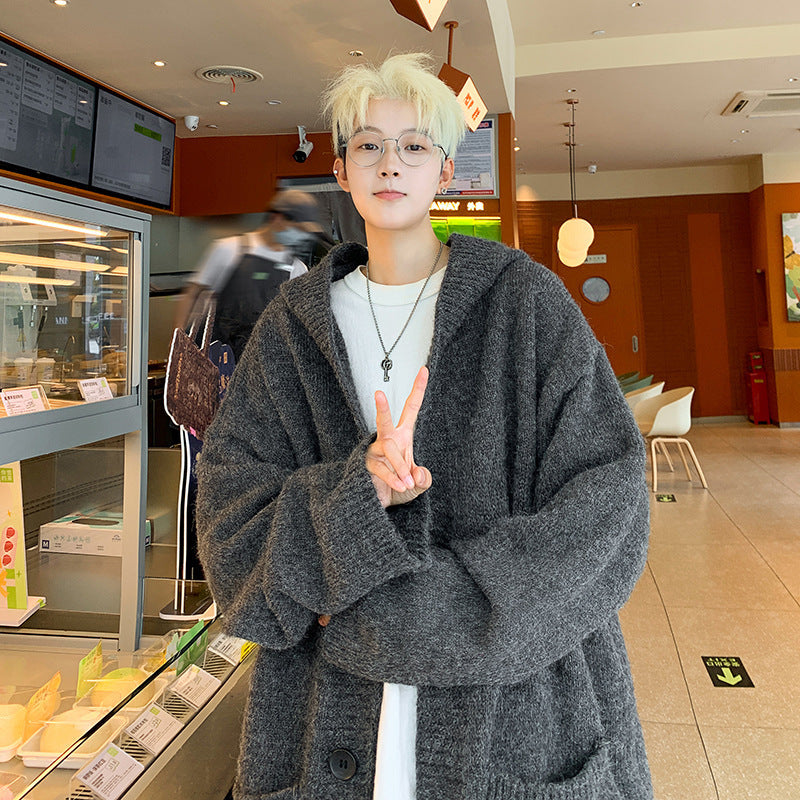 Unisex Oversized Mohair-Optik Strickcardigan mit Kapuze und großen Knöpfen – Auréline