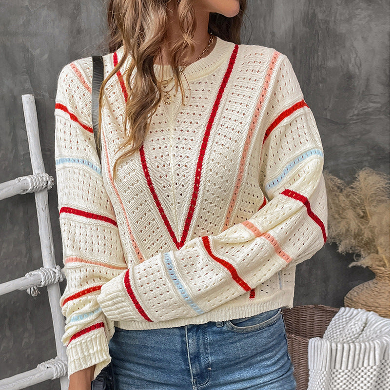 Damen Oversize-Ajourstrickpullover mit V-Streifen-Design Echoarchiv