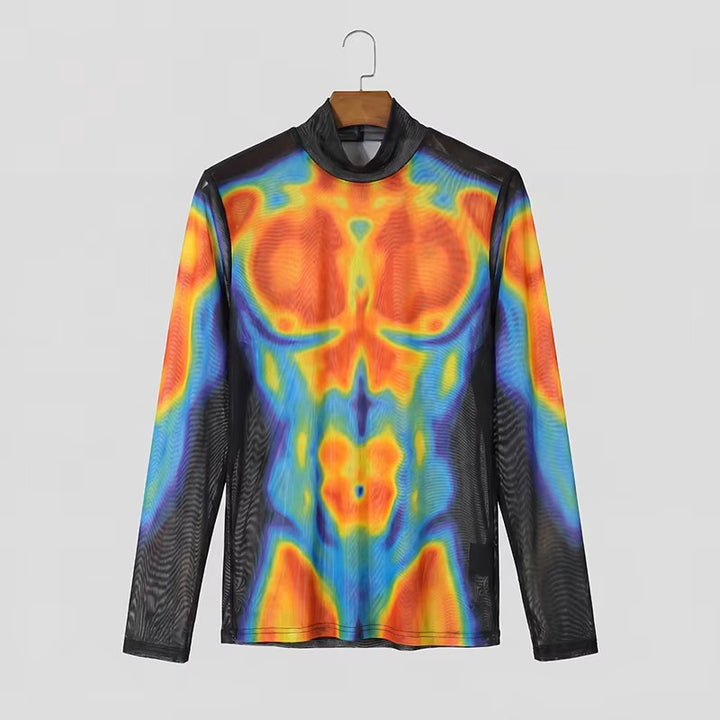 Herren Transparentes Mesh-Langarmshirt mit 3D-Muskeldruck Echoarchiv