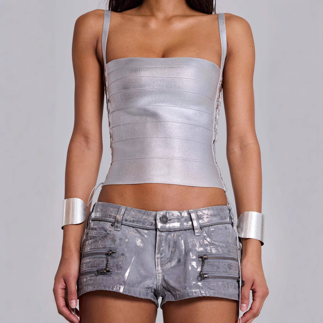 Damen Glänzendes Tanktop mit seitlichen Schnürdetails Echo Archiv