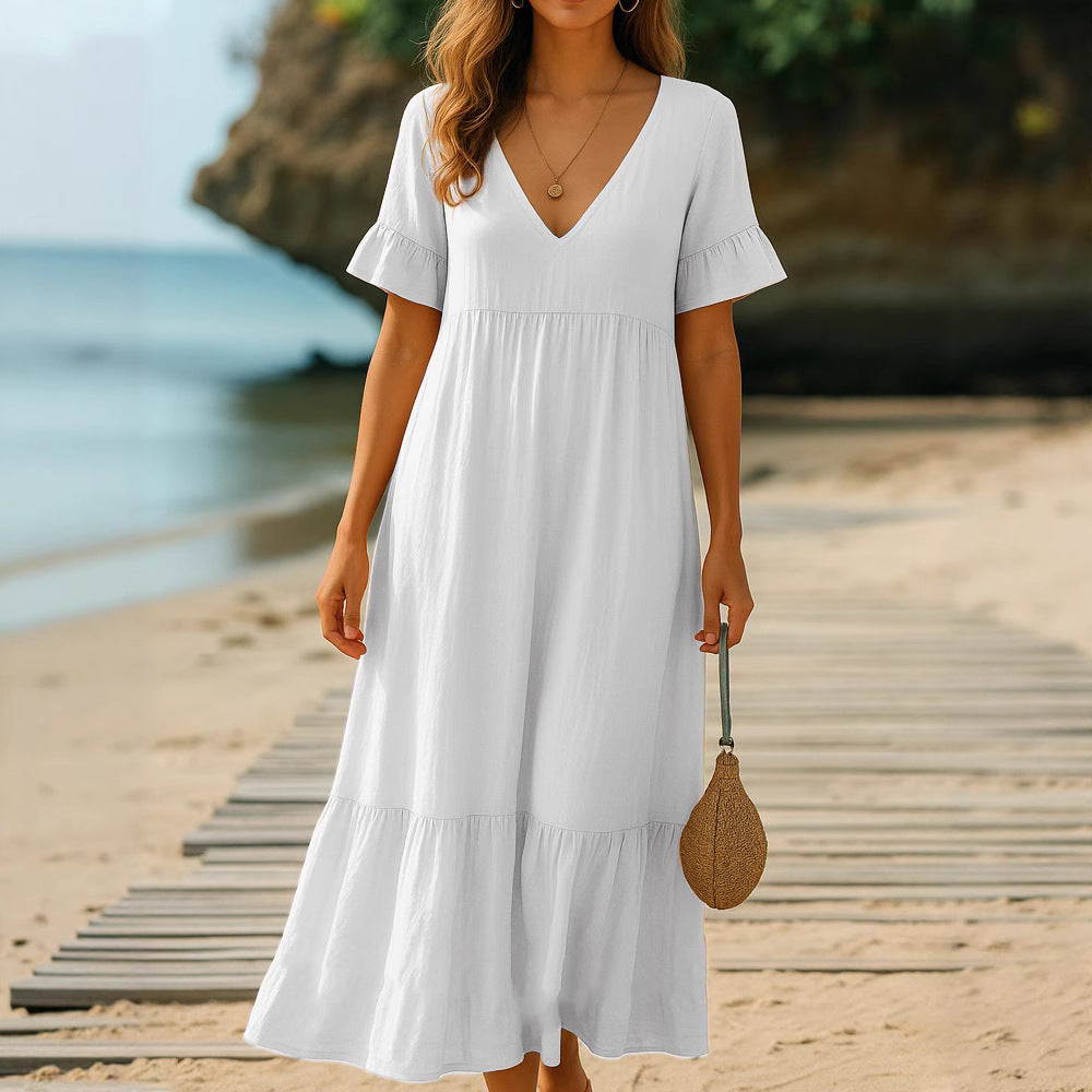Damen fließendes Maxikleid mit V-Ausschnitt und Rüschendetails Echo Archiv