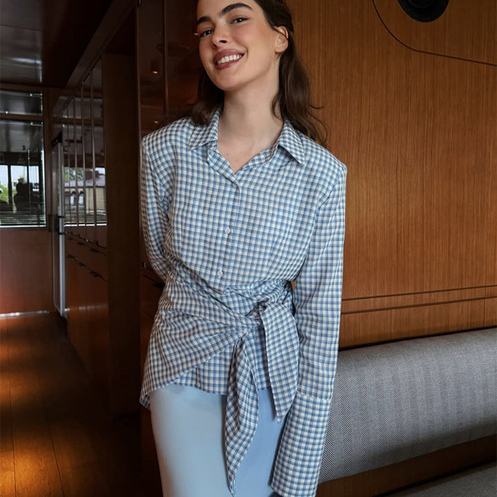 Damen Gingham-Wickelbluse mit seitlicher Taillenbinde und Hemdkragen Echoarchiv
