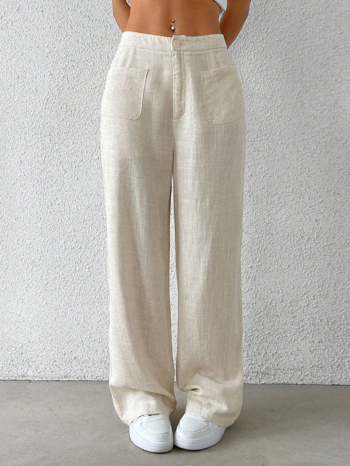 Damen Hochtaillierte Leinenlook Palazzo-Hose mit aufgesetzten Taschen – Avérine