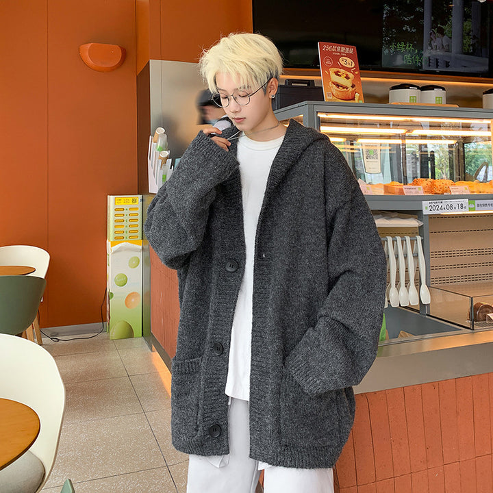 Unisex Oversized Mohair-Optik Strickcardigan mit Kapuze und großen Knöpfen – Auréline