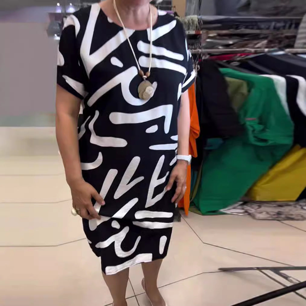 Damen nan knielanges Komfort-Shiftkleid mit großflächigem Pinselstrich-Print und umgeschlagenen Kurzärmeln Echo Archiv
