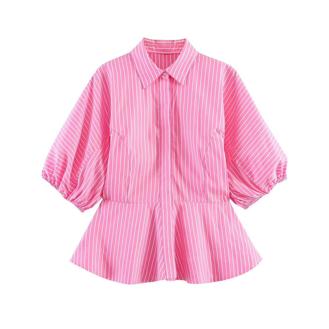 Damen Gestreifte Peplum-Bluse mit Ballonärmeln und Hemdkragen Echo Archiv
