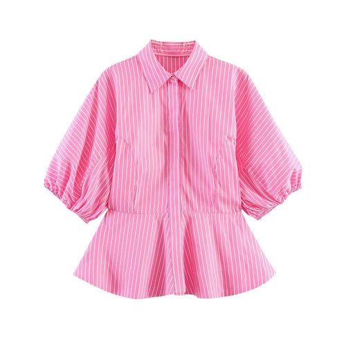 Damen Gestreifte Peplum-Bluse mit Ballonärmeln und Hemdkragen Echo Archiv