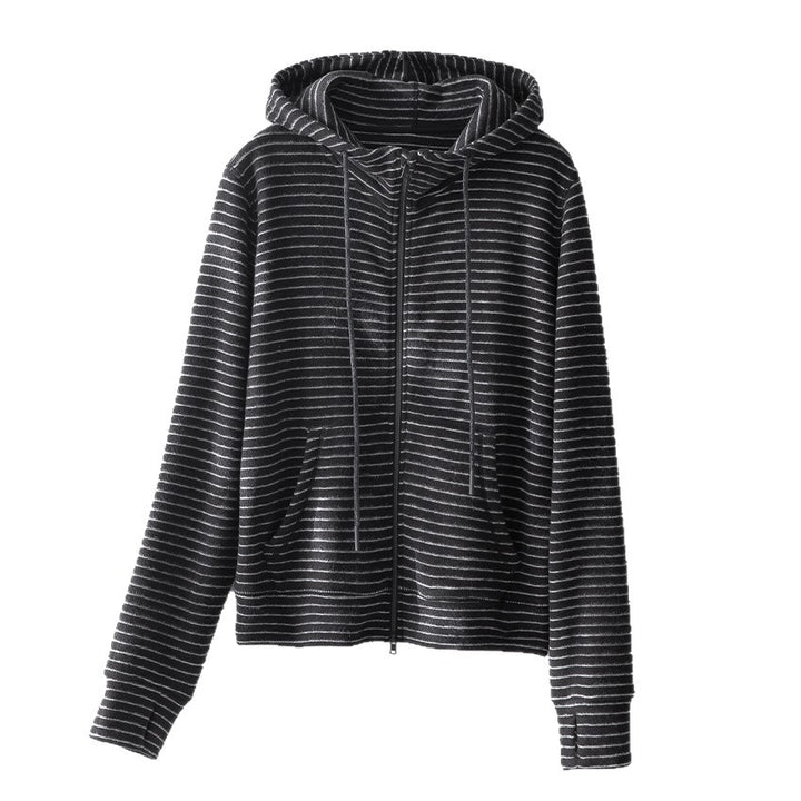 Damen Gestreifte Samt-Fleece Kapuzenjacke mit Reißverschluss und Kängurutaschen Echoarchiv