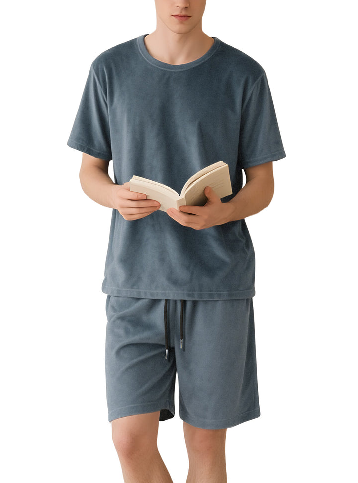 Herren nan Samtvelours Lounge-Set mit Rundhals-Kurzarmshirt und Kordelshorts Echo Archiv