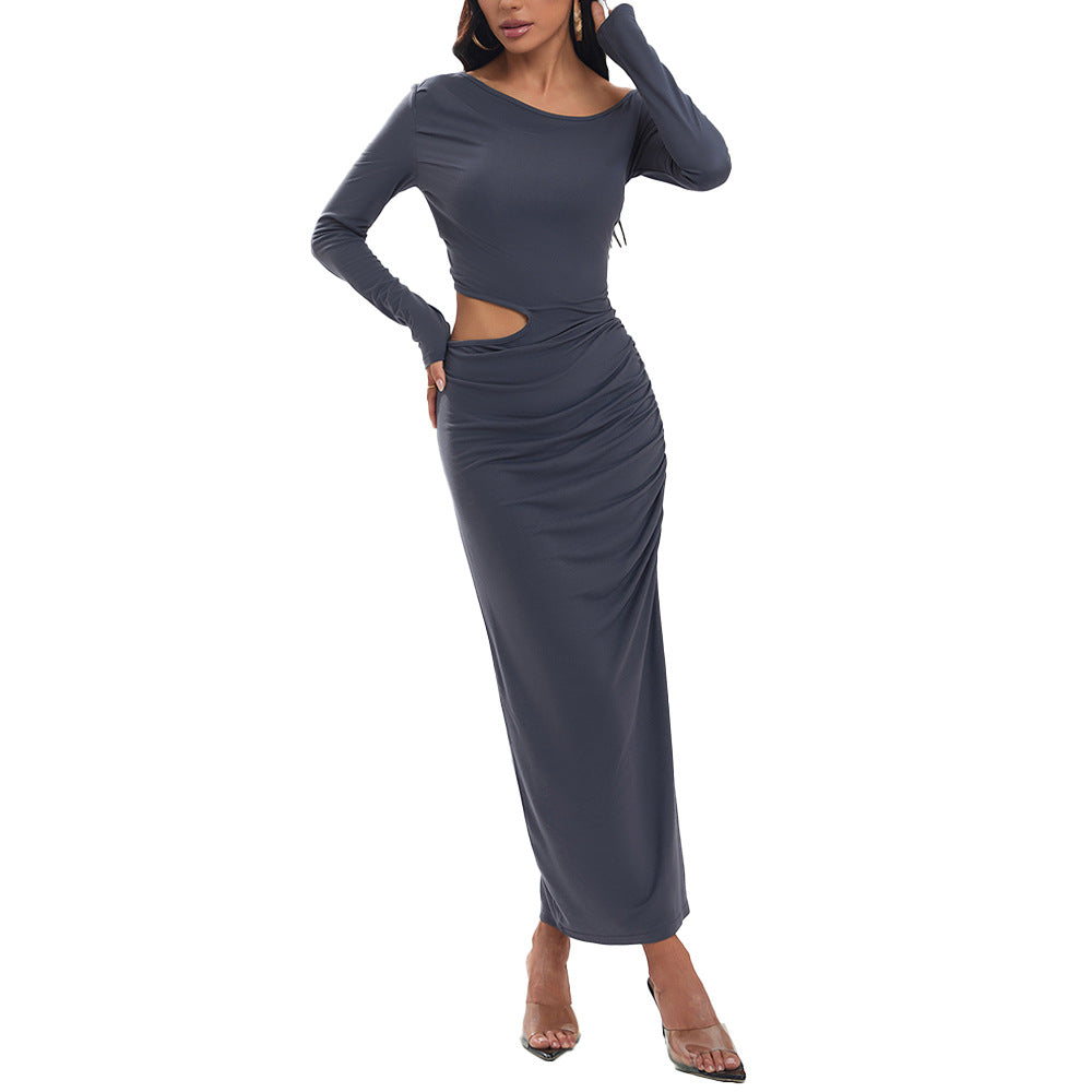 Damen eng anliegendes Maxikleid mit langem Arm seitlichem Cut-Out geraffter Hüfte und hohem Beinschlitz – Valéora