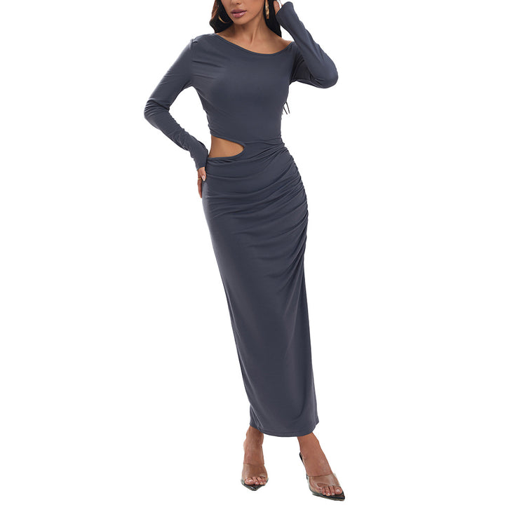 Damen eng anliegendes Maxikleid mit langem Arm seitlichem Cut-Out geraffter Hüfte und hohem Beinschlitz – Valéora