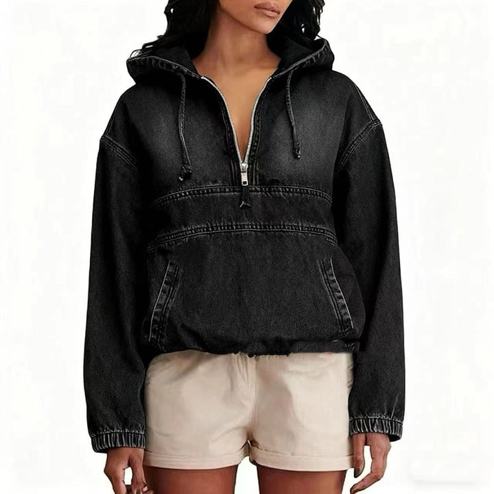 Damen Jeans-Hoodie mit halbem Reißverschluss, Kapuze und elastischem Saum Echo Archiv