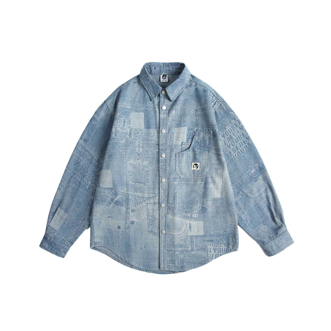 Unisex Oversize-Denim-Hemdjacke mit Patchwork-Print und Druckknopfblende Echoarchiv