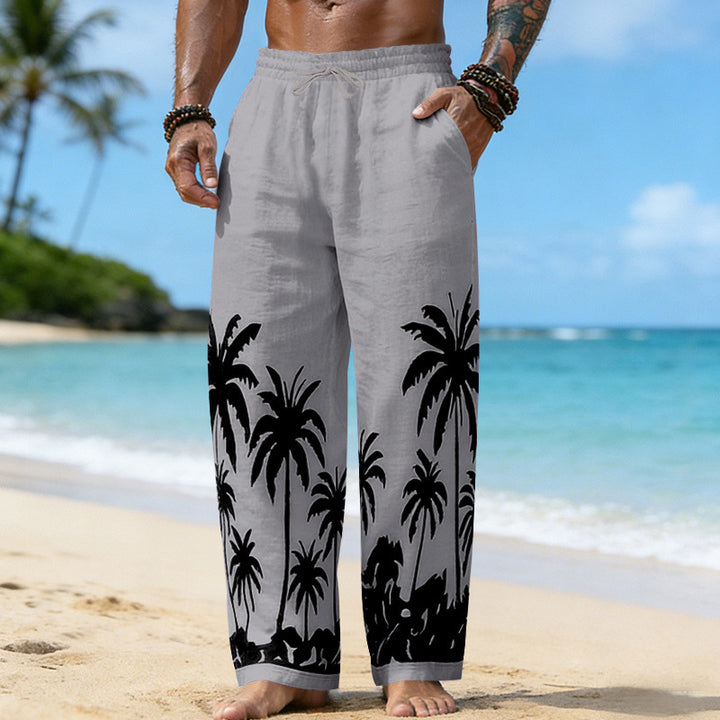 Herren Lässige weite Leinenhose mit elastischem Bund und tonalem Palmenprint – Sorevano