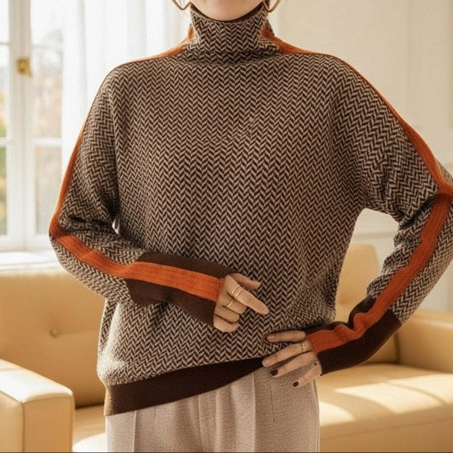 Damen Feinstrickpullover mit geometrischem Jacquardmuster, Stehkragen und Kontrastband – Mavelle