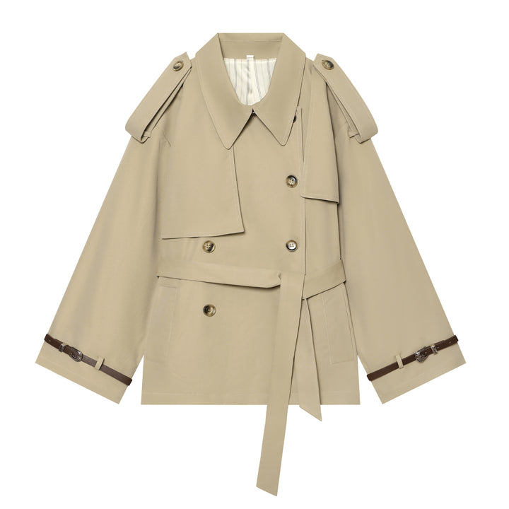 Damen kurzgeschnittene Cape-Trenchjacke mit doppelreihiger Knopfleiste und Taillengürtel – Célinea