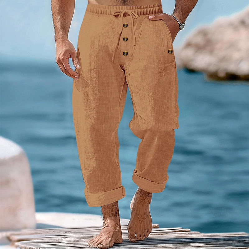 Herren nan lockere Leinen-Baumwoll-Hose mit elastischem Bund, Kordelzug und aufgekrempeltem Saum Echo Archiv