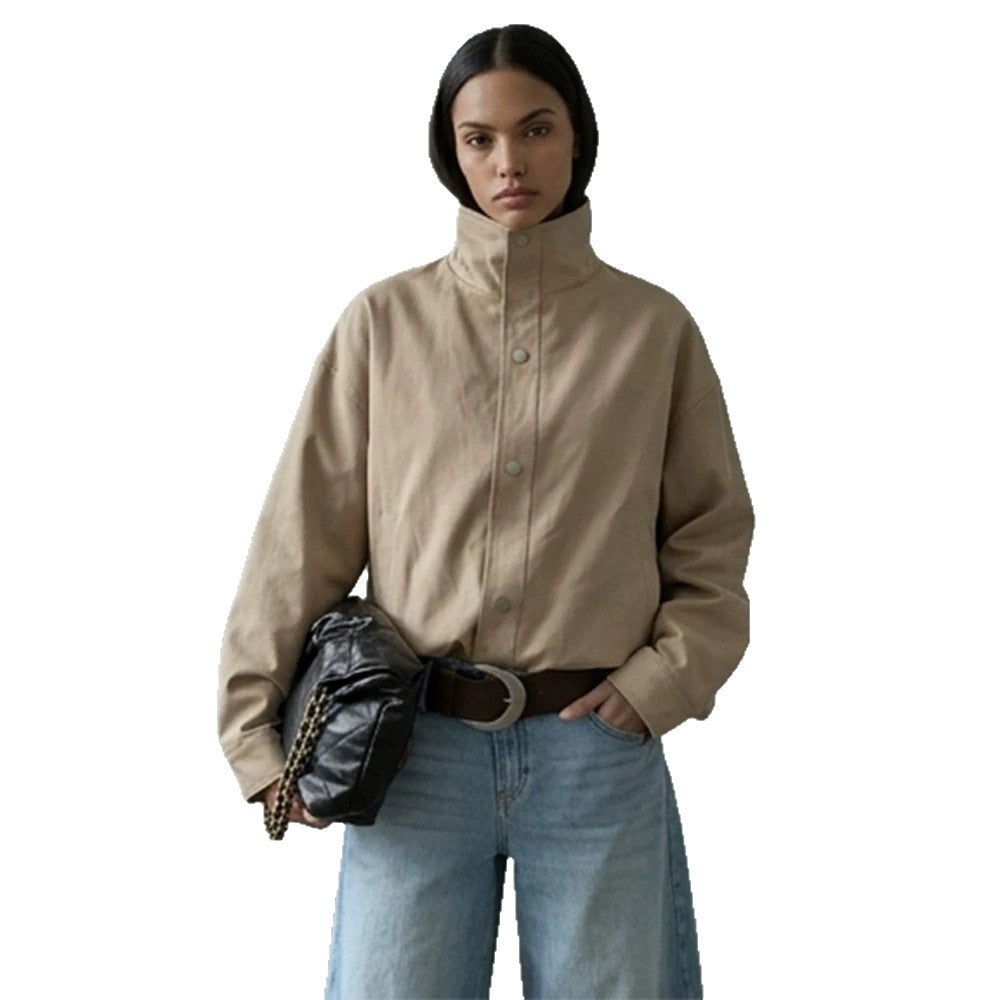 Damen Kurze kastige Canvasjacke mit hohem Stehkragen und Druckknopfleiste Echoarchiv