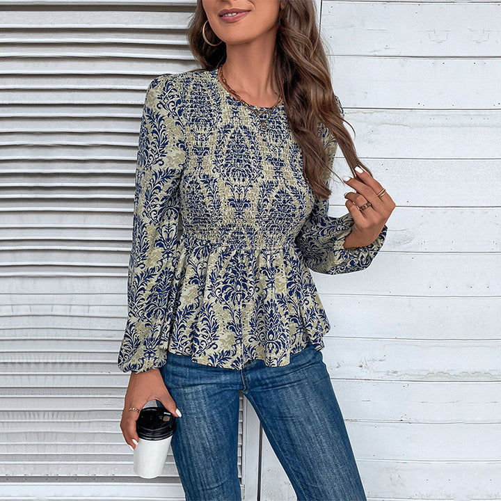 Damen Gerafftes Smock-Blusenshirt mit Peplum und voluminösen Puffärmeln Echoarchiv