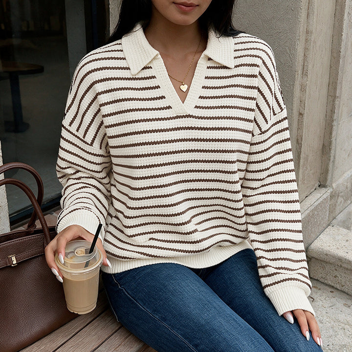 Damen Stylischer V-Ausschnitt Pullover mit Streifen Echo Archiv