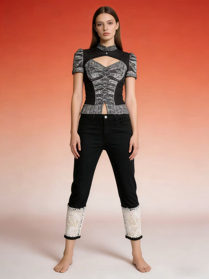 Damen Jeans mit romantischem Spitzeneinsatz und hohem Bund Echo Archiv