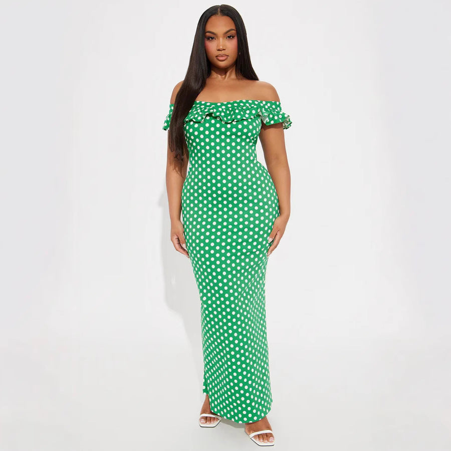 Damen Elegantes Maxikleid mit Rüschendetails und Polka-Dots Echo Archiv