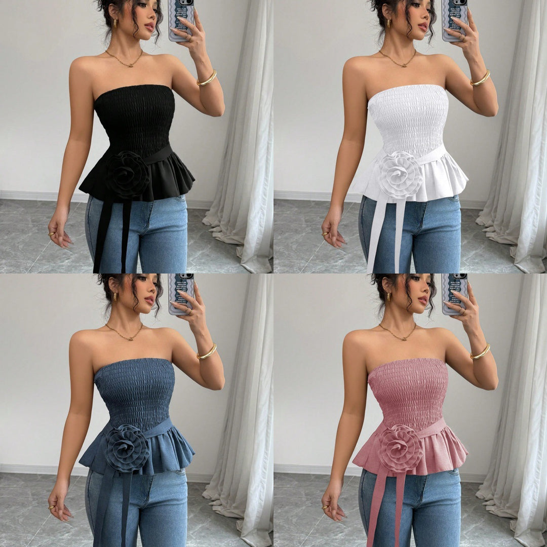 Damen nan figurbetontes trägerloses Smok-Oberteil mit Volant-Peplum und dekorativer Stoffblume Echo Archiv