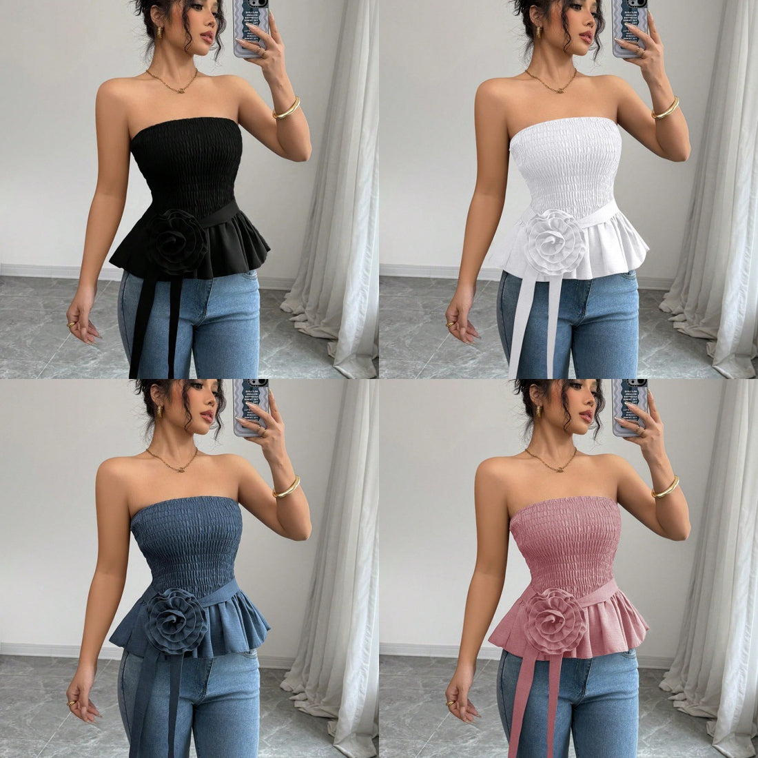Damen figurbetontes trägerloses Smok-Oberteil mit Volant-Peplum und dekorativer Stoffblume – Avérine