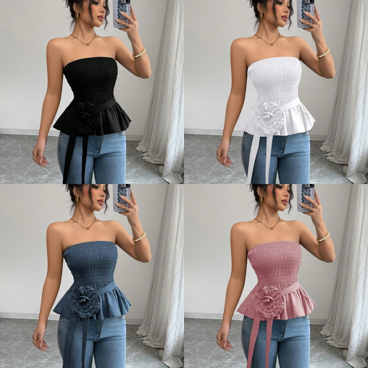 Damen nan figurbetontes trägerloses Smok-Oberteil mit Volant-Peplum und dekorativer Stoffblume Echo Archiv