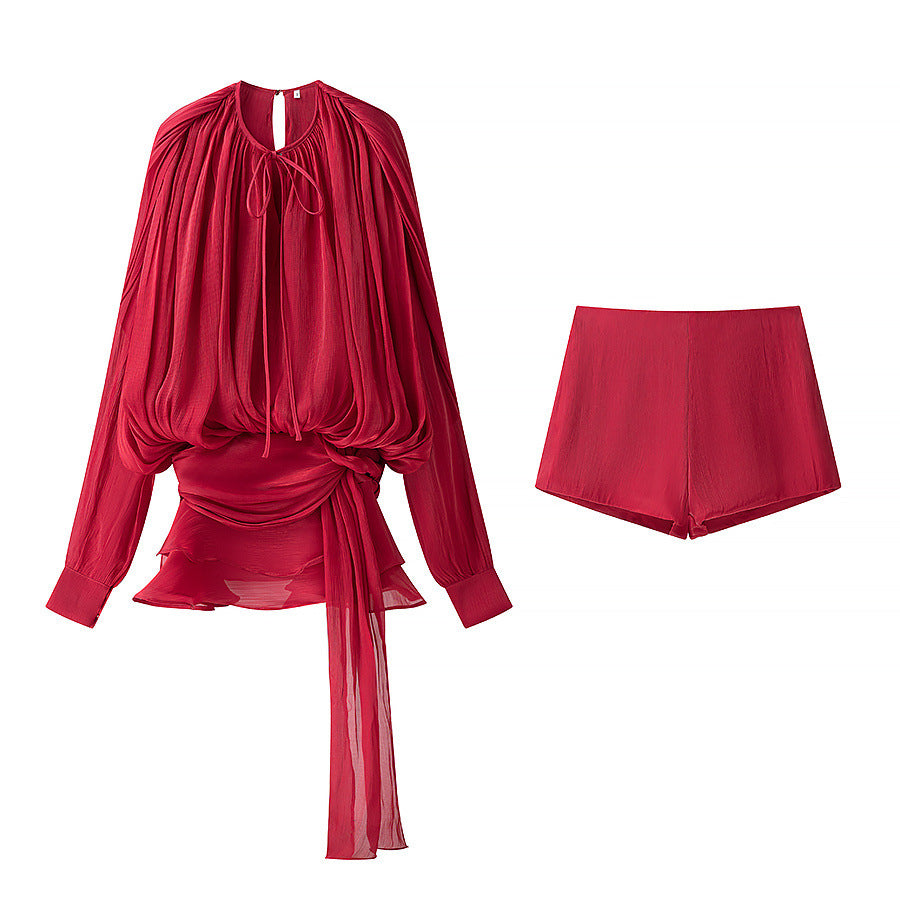 Damen nan luftiges Chiffon-Wickelblusen-Set mit Schärpe und Lagen-Shorts Echo Archiv