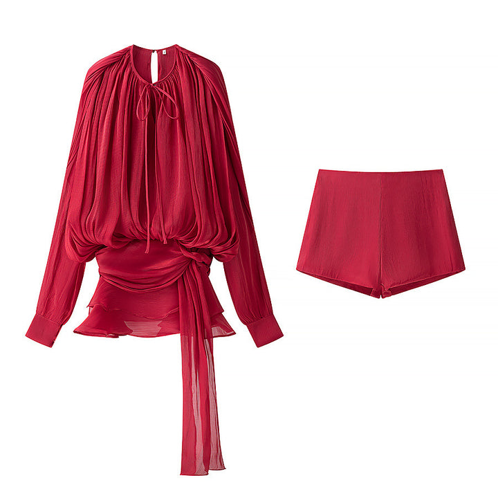 Damen nan luftiges Chiffon-Wickelblusen-Set mit Schärpe und Lagen-Shorts Echo Archiv
